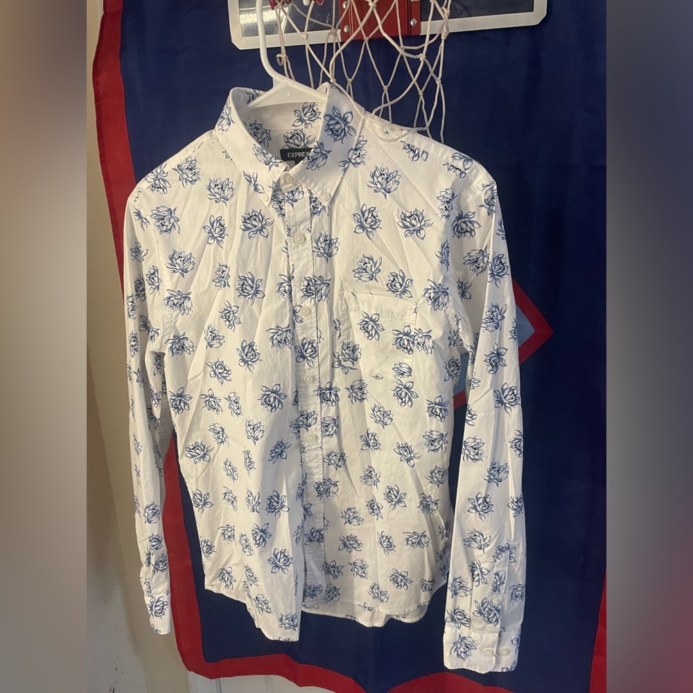 White & Blue Flower Dress Shirt
